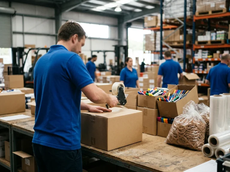 Nhân viên Phúc Thịnh đóng thùng carton chứa bút lông dầu, dây thun và màng PE để gửi chành xe đi Hưng Yên