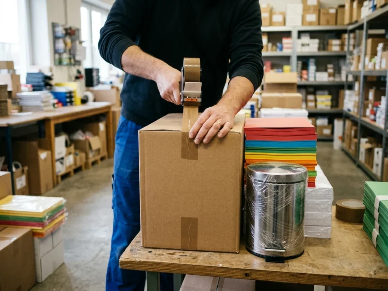 Nhân viên Phúc Thịnh dán băng keo thùng carton chứa giấy bìa màu, giấy in và thùng rác inox bọc màng co để gửi chành xe đi Khánh Hòa