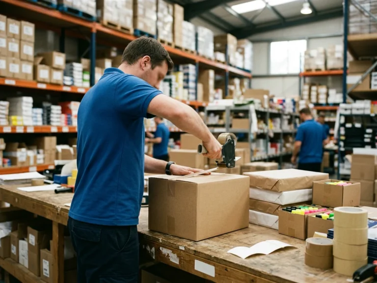 Nhân viên Phúc Thịnh đóng thùng carton chứa giấy in, bút dạ quang và băng keo giấy để gửi chành xe đi Lâm Đồng