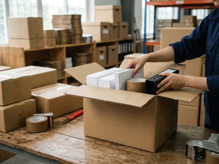 Nhân viên Phúc Thịnh đóng thùng carton chứa ram giấy in trắng, cuộn băng keo nâu và bìa còng đen để gửi chành xe đi Ninh Thuận