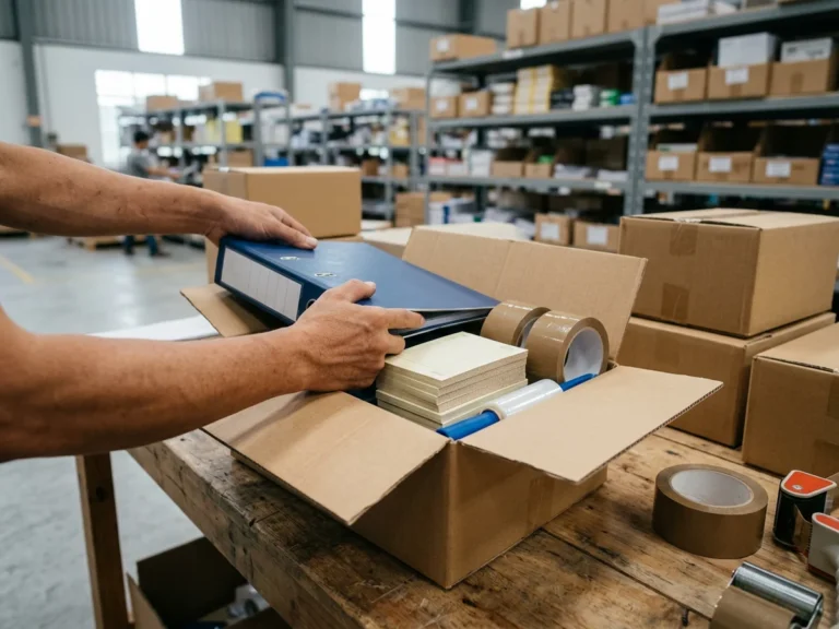 Nhân viên Phúc Thịnh đóng thùng carton chứa bìa còng xanh, xấp phiếu, cuộn băng keo nâu và cuộn màng PE để gửi chành xe đi Phú Thọ