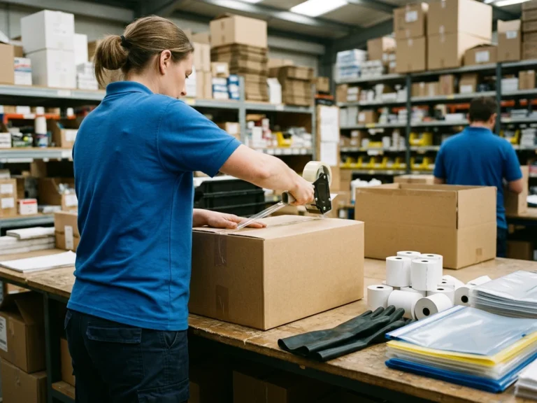 Nhân viên Phúc Thịnh đóng thùng carton chứa giấy in bill, găng cao su và bìa hồ sơ để gửi chành xe đi Phú Yên