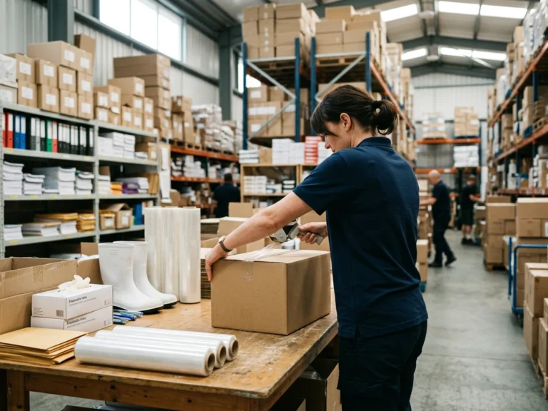 Nhân viên Phúc Thịnh đóng thùng carton chứa găng tay y tế, ủng cao su và màng bọc thực phẩm để gửi chành xe đi Quảng Nam