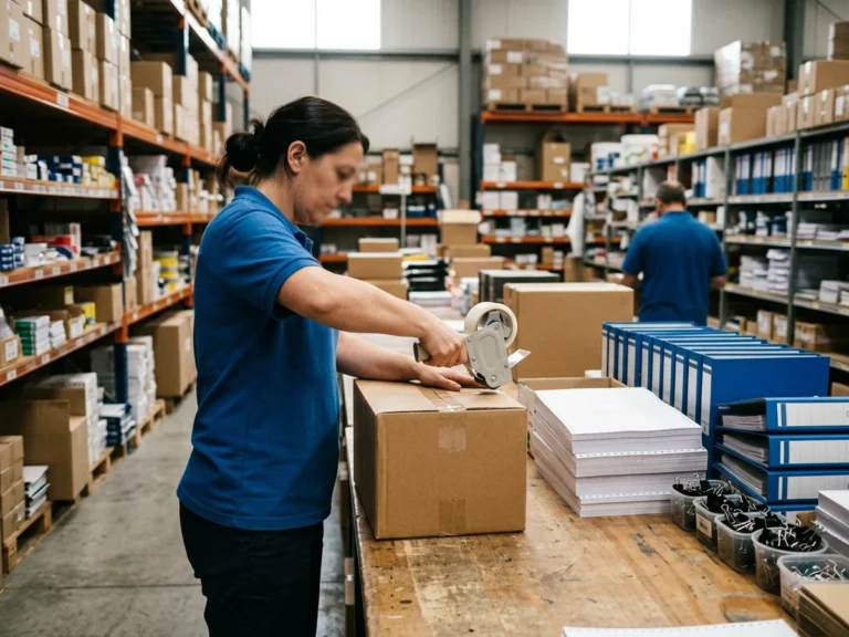 Nhân viên Phúc Thịnh đóng thùng carton chứa giấy in liên tục, bìa còng và kẹp bướm để gửi chành xe đi Quảng Ngãi