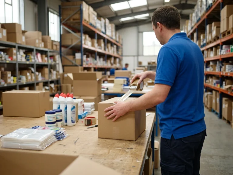 Nhân viên Phúc Thịnh đóng thùng carton chứa kem tẩy, nước tẩy bồn cầu và túi OPP để gửi chành xe đi Quảng Ninh