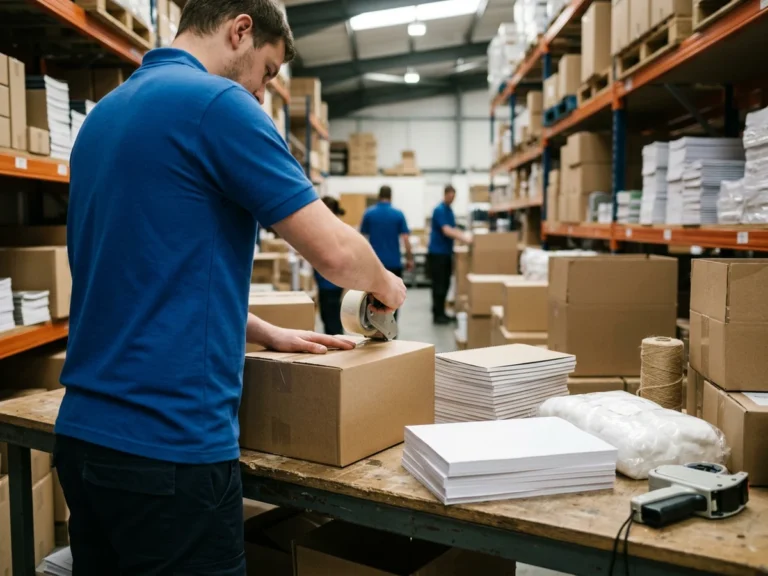 Nhân viên Phúc Thịnh đóng thùng carton chứa tập học sinh, giấy kiểm tra và bông y tế để gửi chành xe đi Quảng Trị