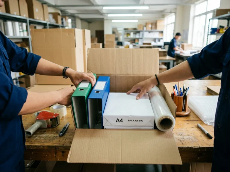 Nhân viên Phúc Thịnh đóng thùng carton chứa bìa còng xanh lá và xanh dương, ram giấy A4 và cuộn màng PE để gửi chành xe đi Thái Nguyên