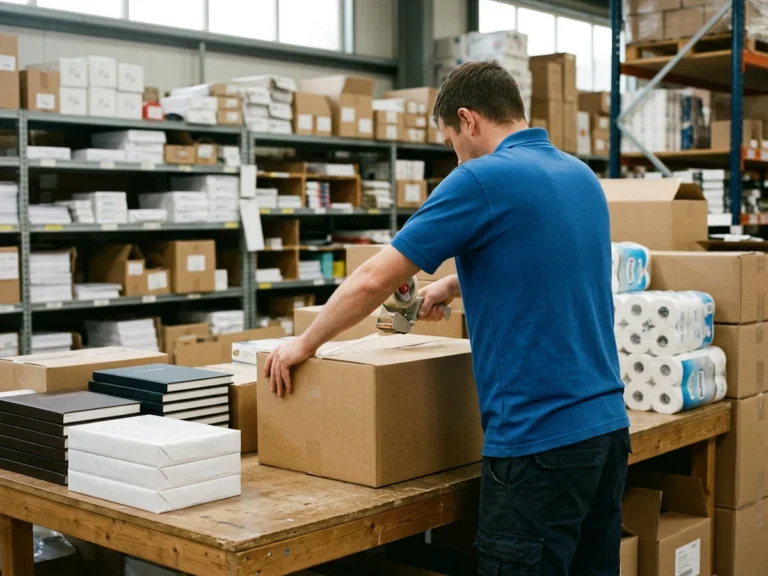 Nhân viên Phúc Thịnh đóng thùng carton chứa giấy in, sổ công văn và giấy vệ sinh để gửi chành xe đi Thanh Hóa