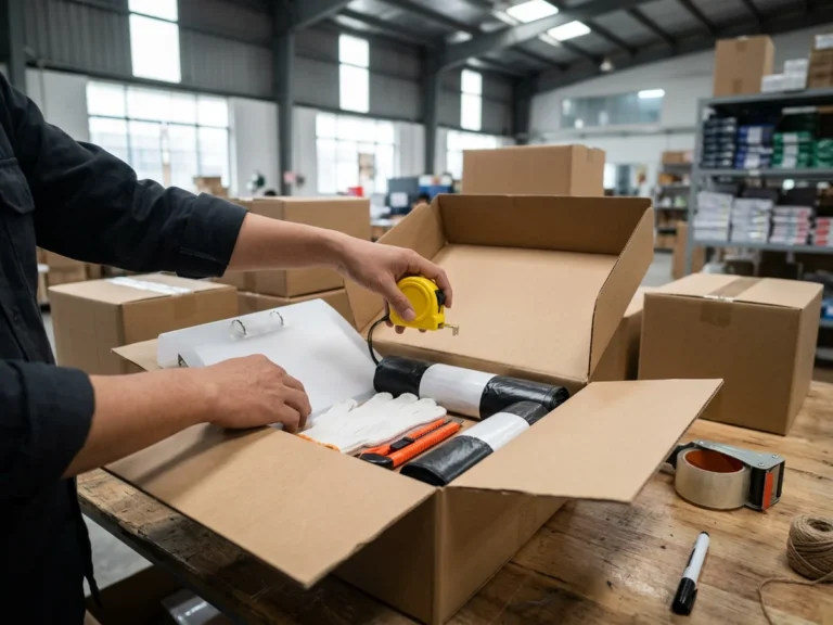 Nhân viên Phúc Thịnh đóng thùng carton chứa bìa còng nhựa trắng, thước cuộn vàng, găng tay len, dao rọc giấy và cuộn túi rác đen để gửi chành xe đi Tuyên Quang