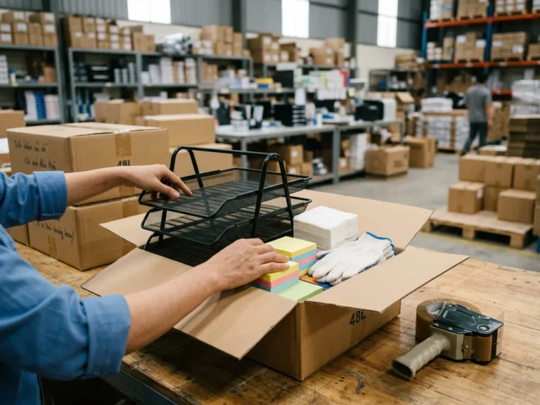 Nhân viên Phúc Thịnh đóng thùng carton chứa khay hồ sơ sắt lưới đen, giấy note nhiều màu, xấp khăn giấy và găng tay len trắng để gửi chành xe đi Vĩnh Phúc