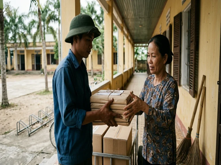 Nhân viên trường nhận xấp giấy kiểm tra gói giấy kraft ở hành lang trường học, ấp Thạnh Sơn, xã Tân Biên