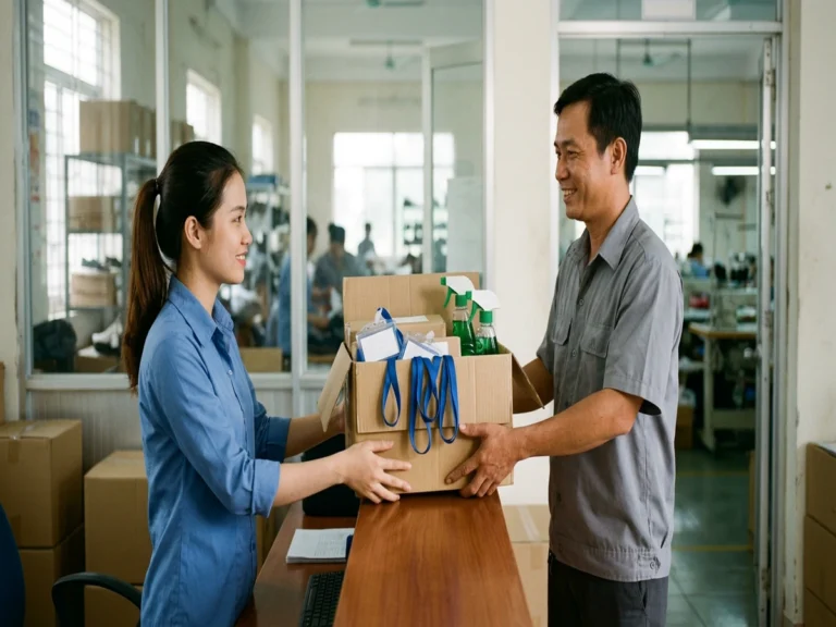 Nhân viên nhân sự nhận thùng bảng tên có dây đeo và bình xịt lau kính tại quầy văn phòng nhà máy ở ấp Thuận Tây, xã Bến Cầu