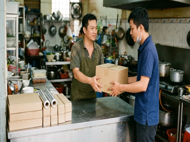 Nhân viên trao thùng hàng cho nhân viên bếp tại quầy inox có các hộp giấy bạc, đường Ba Tháng Hai, phường Phú Thọ