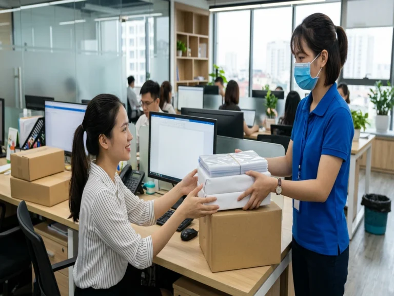 Nhân viên giao ram giấy in và bìa hồ sơ cho nhân viên văn phòng tại bàn làm việc, đường Cộng Hòa, phường Tân Bình