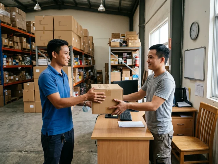 Nhân viên giao hàng trao thùng văn phòng phẩm cho thủ kho ở Cụm công nghiệp Lợi Bình Nhơn, phường Khánh Hậu, Tân An