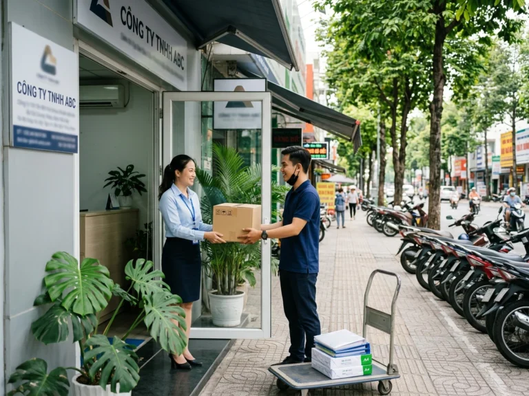 Nhân viên giao hàng trao thùng văn phòng phẩm cho nhân viên văn phòng trước cửa công ty trên Đại lộ Bình Dương, phường Lái Thiêu, xe đẩy chở ram giấy A4 và bìa hồ sơ