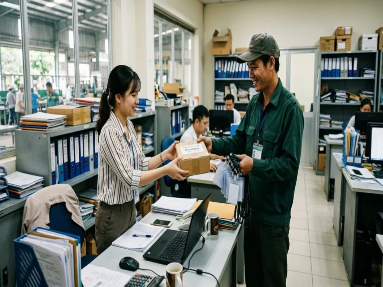 Nhân viên văn phòng nhà máy nhận hộp hàng và bao đựng thẻ nhân viên trên Đại lộ Bình Dương, phường Thuận Giao, Thuận An