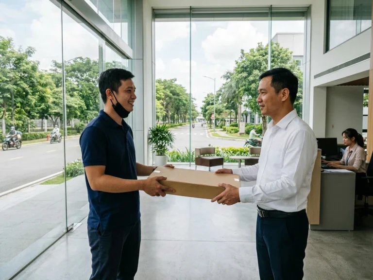 Nhân viên giao hàng trao kiện hàng dẹt cho quản lý ở sảnh văn phòng nhìn ra đường cây xanh, Đại lộ Hữu Nghị, phường Bình Hòa, KCN VSIP 1