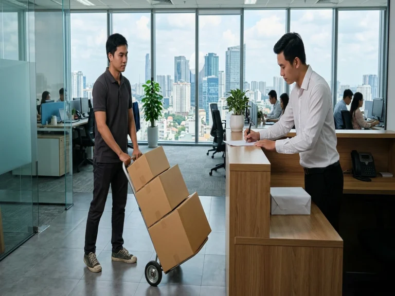 Nhân viên đẩy xe tay chở ba thùng giấy in vào văn phòng cao tầng, người nhận ký phiếu ở quầy, đường Điện Biên Phủ, phường Thạnh Mỹ Tây