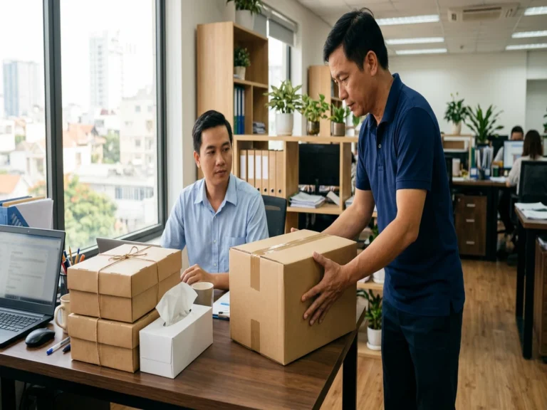 Nhân viên đặt thùng hàng lên bàn làm việc cạnh bìa 3 dây và hộp khăn giấy, đường Đoàn Văn Bơ, phường Xóm Chiếu