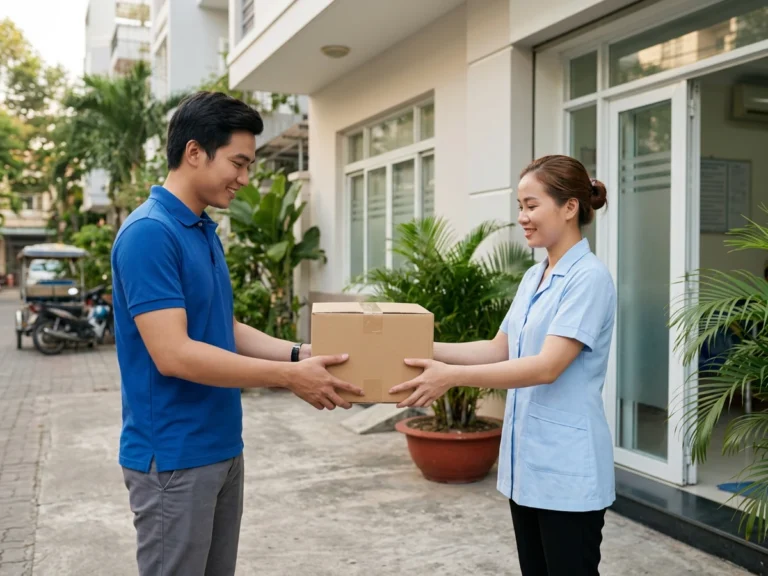 Nhân viên giao hàng trao thùng văn phòng phẩm cho nhân viên phòng khám mặc đồng phục xanh trên đường Đồng Khởi, phường Tam Hiệp, Biên Hòa