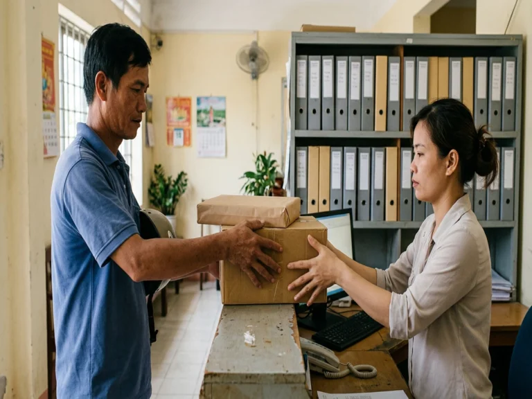 Nhân viên giao hàng áo xanh trao thùng hàng cho nhân viên văn phòng tại quầy, kệ bìa còng phía sau, đường 21/4, phường Bình Lộc, Long Khánh