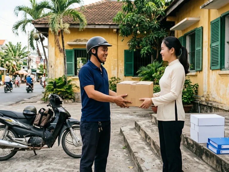 Nhân viên giao hàng đội mũ bảo hiểm trao thùng carton văn phòng phẩm cho nhân viên văn phòng trước tòa nhà tường vàng cửa chớp xanh trên đường 30/4, phường Tân Ninh, bên cạnh xe máy, ram giấy A4 và bìa hồ sơ xanh