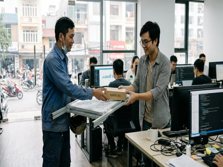 Nhân viên văn phòng nhận hộp bút lông bảng và bảng flipchart trên đường 30 tháng 4, phường Rạch Dừa, Vũng Tàu