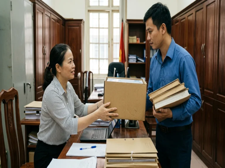 Kế toán cơ quan nhận thùng giấy in và chồng sổ sách tại bàn làm việc trên đường 30/4, phường Tân Ninh