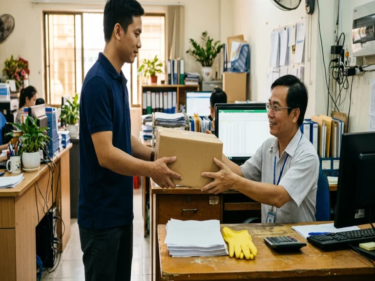 Nhân viên trao thùng hàng cho kế toán tại bàn có xấp giấy niêm phong và găng tay cao su, đường Dương Bá Trạc, phường Chánh Hưng