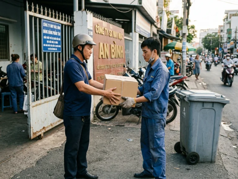 Nhân viên giao hàng trao thùng hàng cạnh thùng rác bánh xe cho công nhân xưởng trên đường Bình Chiểu, phường Tam Bình