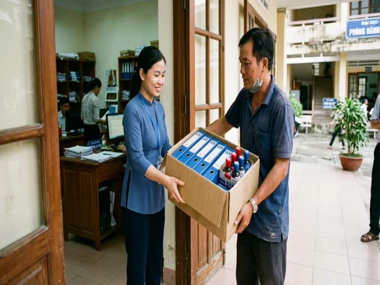Nhân viên giao thùng bìa còng xanh và chai mực dấu cho cán bộ phòng hành chính trên đường Cách Mạng Tháng Tám, phường Bà Rịa