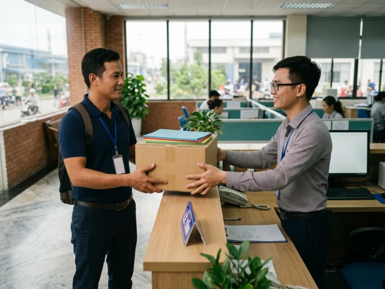 Nhân viên giao hàng trao thùng giấy bìa màu cho nhân viên văn phòng qua quầy tiếp tân, đường D1, phường Bình Dương, KCN Kim Huy