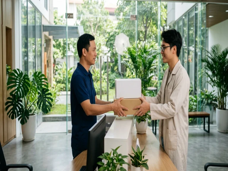 Nhân viên giao hộp hàng cho kỹ sư mặc áo blouse tại quầy lễ tân tòa nhà nghiên cứu, đường D1, phường Tăng Nhơn Phú, Khu công nghệ cao TP.HCM