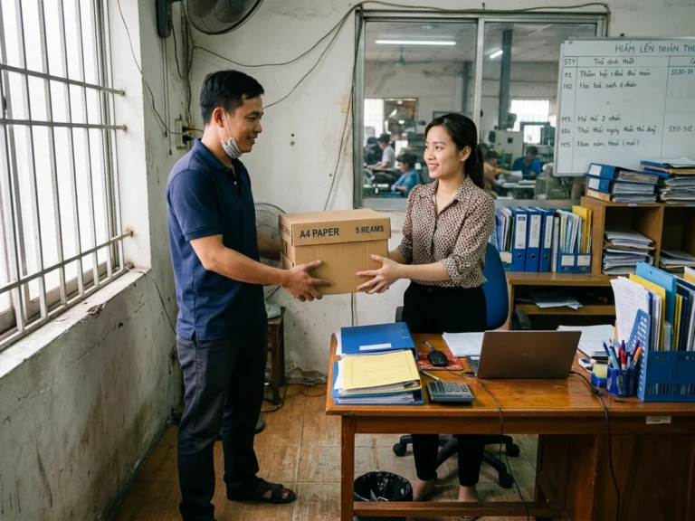 Nhân viên giao hàng trao thùng giấy A4 cho nhân viên văn phòng xưởng ở KCN Tân Thới Hiệp, phường Tân Thới Hiệp