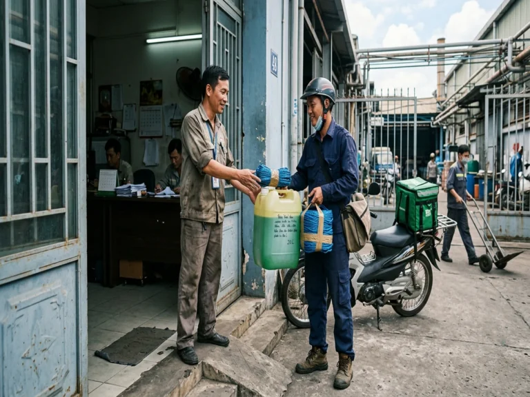 Can nước lau sàn và cuộn dây ni lông được trao tại cửa văn phòng xưởng trên đường D7-N9, xã Bàu Bàng