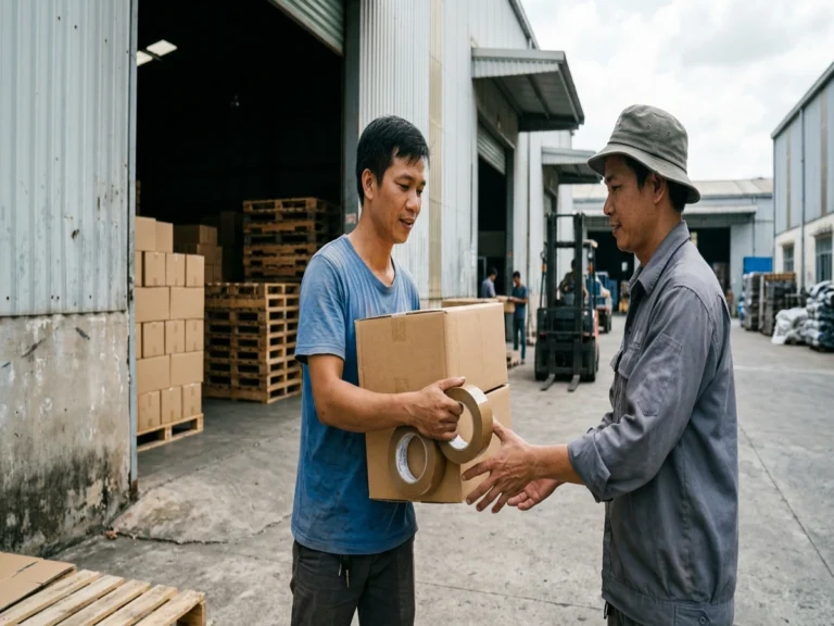 Thủ kho nhận thùng hàng và hai cuộn băng keo nâu trước cửa kho trên đường Điện Biên Phủ, xã Ngãi Giao