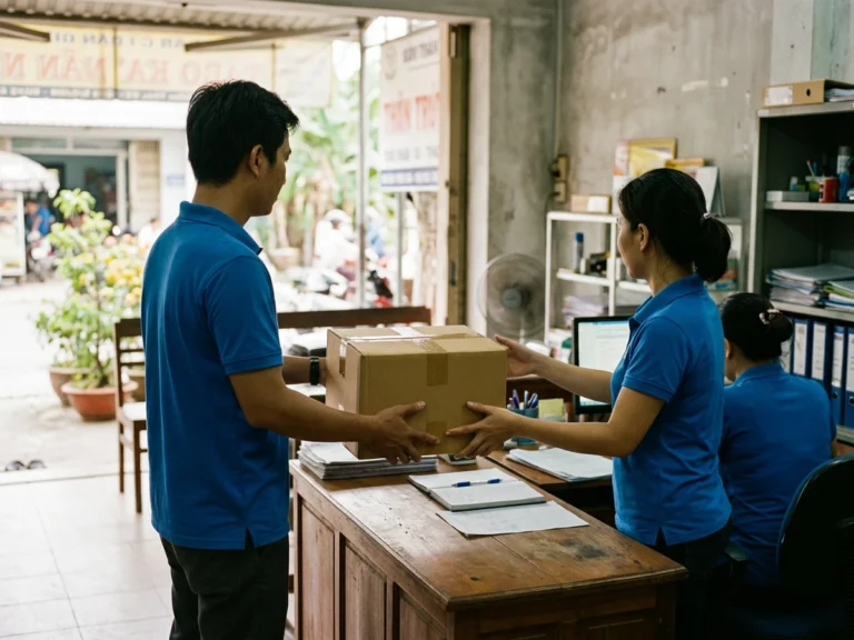 Nhân viên giao hàng trao thùng văn phòng phẩm cho người nhận ở văn phòng trên đường Đoàn Hoàng Minh, phường Sơn Đông, Bến Tre