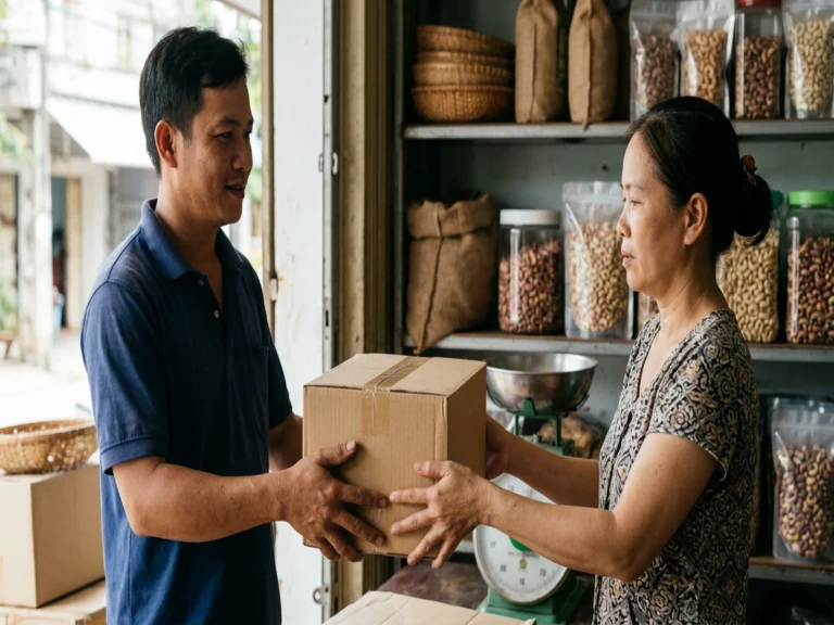 Nhân viên giao hàng trao thùng hàng cho chủ cửa hàng hạt điều có túi hạt và cân đồng hồ trên kệ, đường ĐT 741, phường Phước Bình