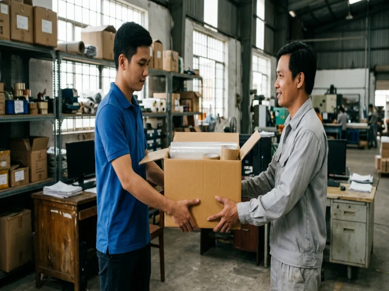 Nhân viên giao hàng trao thùng màng PE, băng keo cho thủ kho trong nhà xưởng, đường ĐT 741, xã Đồng Phú