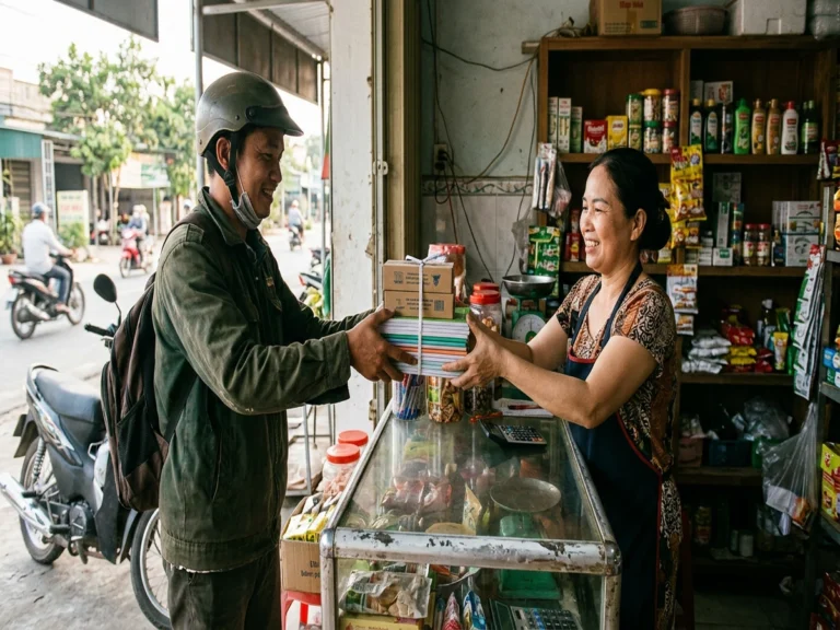 Chủ tiệm nhận chồng tập học sinh và hộp bút bi tại quầy kính trên đường ĐT 741, xã Phú Giáo