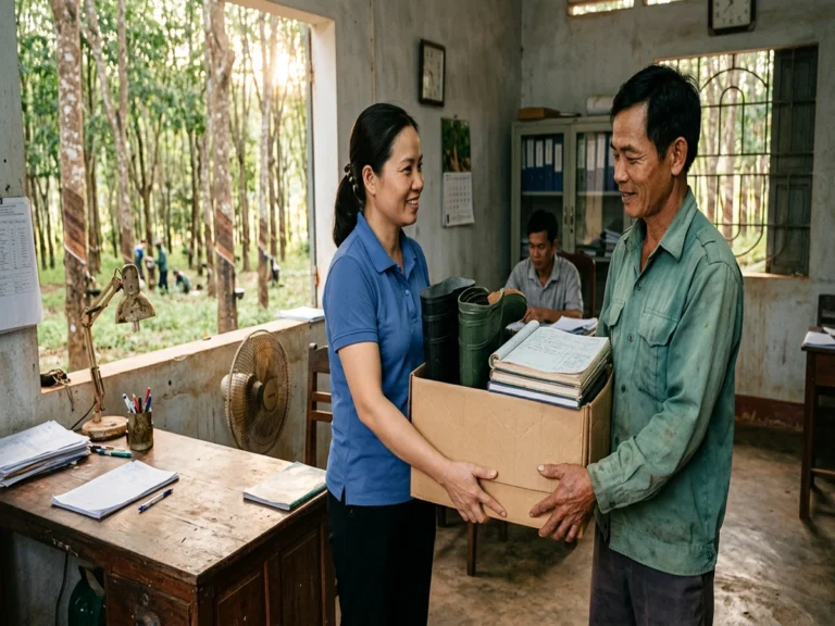 Nhân viên giao hàng trao thùng có ủng cao su và sổ sách cho người nhận ở văn phòng nông trường nhìn ra vườn cao su, đường ĐT 741, xã Phú Riềng