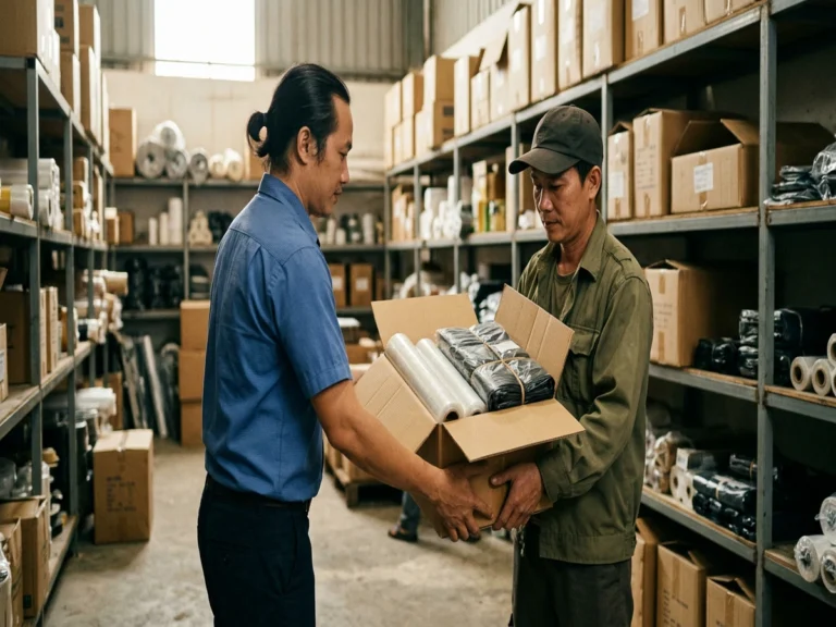 Thùng màng bọc và túi nilon đen được trao cho thủ kho trong kho xưởng trên đường ĐT 747, phường Tân Uyên