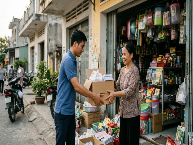 Nhân viên giao hàng trao thùng có túi trắng, cuốn hóa đơn cho chủ tiệm tạp hóa mặt đường, đường ĐT 752, phường Bình Long