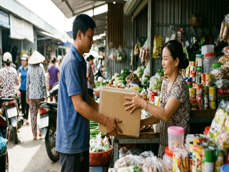 Nhân viên giao hàng trao thùng hàng cho chủ ki-ốt tạp hóa trong chợ, đường ĐT 759, xã Lộc Quang