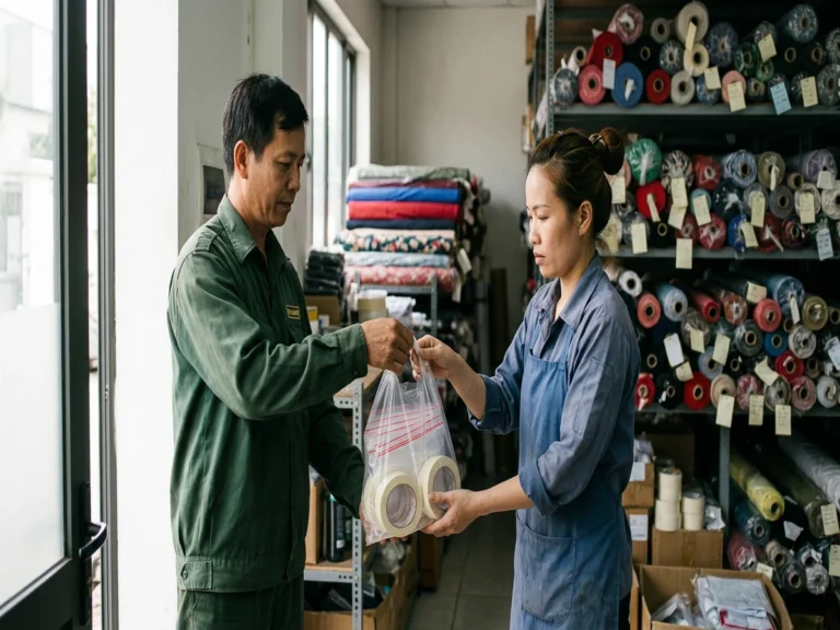 Nhân viên kho phụ liệu nhận túi zip chỉ đỏ và cuộn băng keo giấy cạnh kệ vải trên đường ĐT 782, phường Gia Lộc