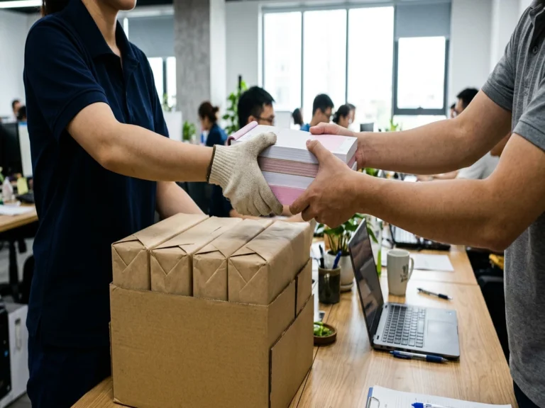 Trao xấp cuốn phiếu và thùng ram giấy bọc giấy kraft tại văn phòng trên đường Dương Thị Mười, phường Trung Mỹ Tây, Quận 12