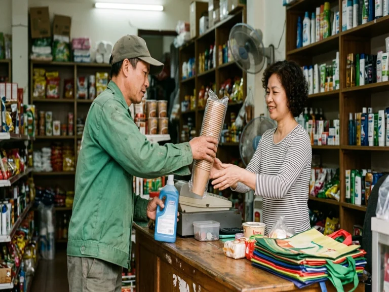 Chủ cửa hàng nhận lốc ly giấy và chai nước lau sàn tại quầy trên đường Hùng Vương, xã Dầu Tiếng