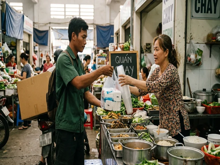 Chủ quán chay nhận chồng ly nhựa và túi giấy vệ sinh tại sạp chợ trên đường Huỳnh Thanh Mừng, phường Long Hoa