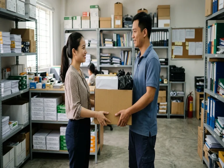 Nhân viên giao hàng trao thùng giấy in, túi rác đen cho nhân viên văn phòng trong phòng kho, đường Lê Duẩn, phường Phú Lợi
